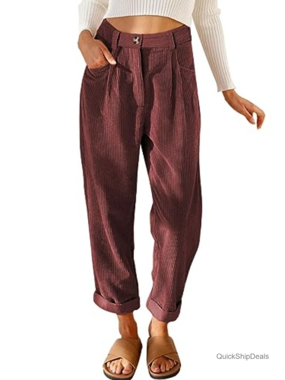 Women's Corduroy High Waisted Straight Leg Pants with Pockets